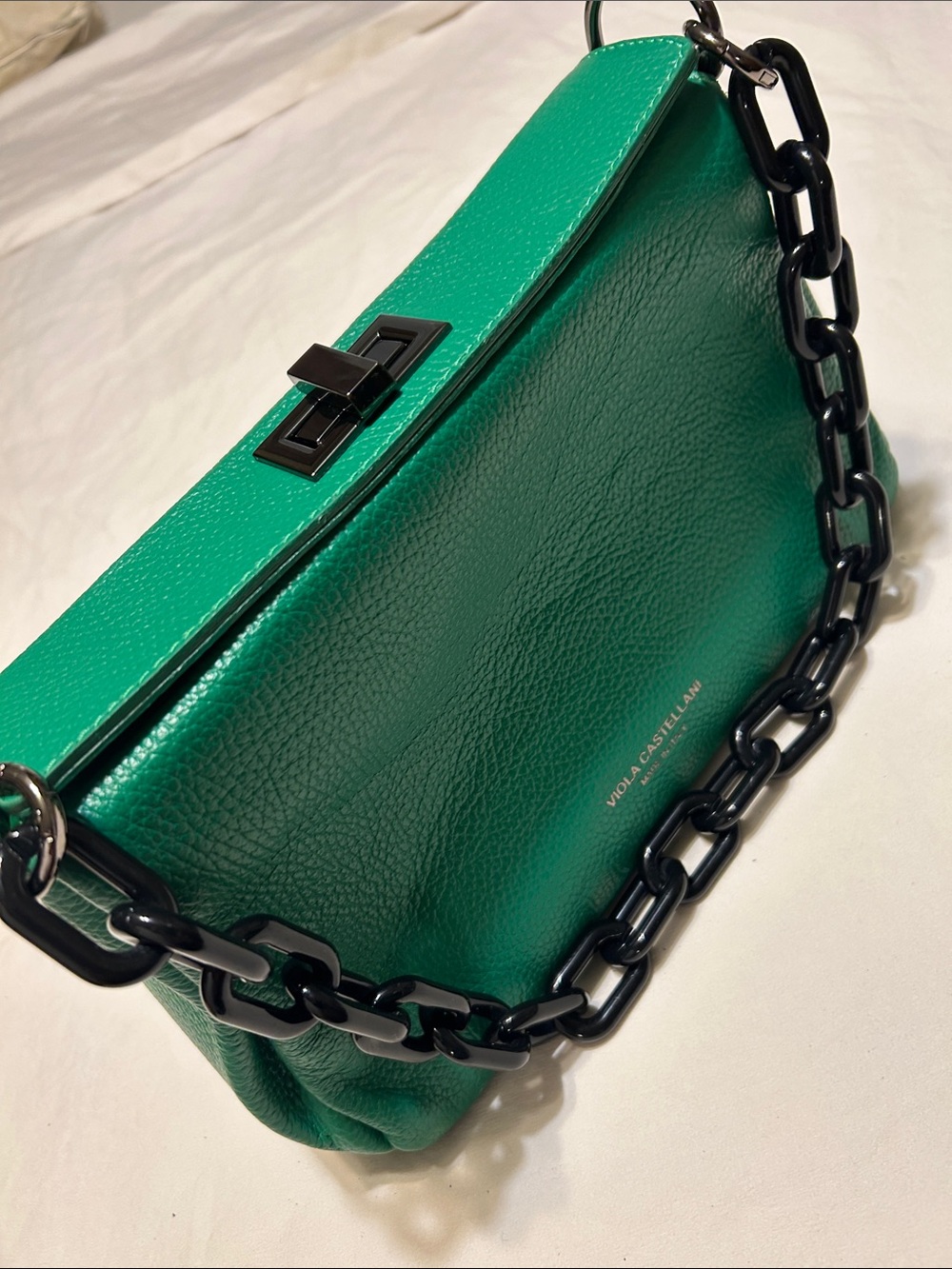 Violeta Castellani Emerald Green Leather Shoulder Bag with Black Chain